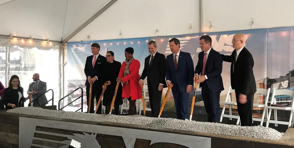 Atlanta Mayor Keisha Lance Bottoms, Gov. Brian Kemp, and Norfolk Southern CEO Jim Squires pose for a picture at the groundbreaking of Norfolk Southern's new headquarters. 
