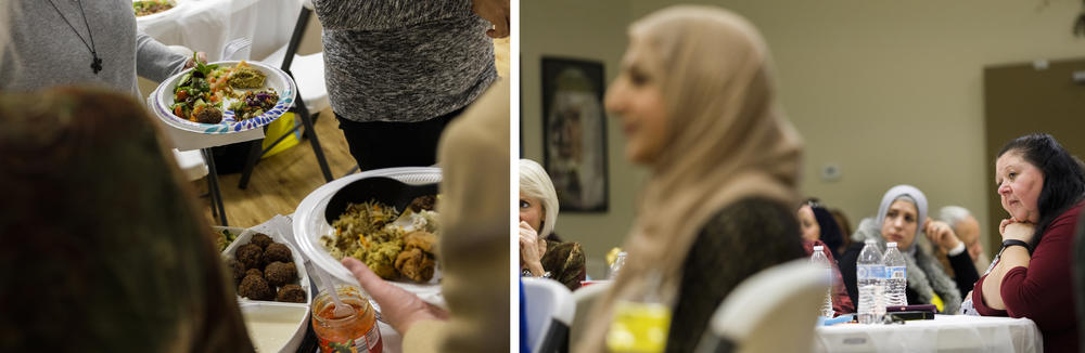 Plates filled with food from the lunch spread, left. Interfaith alliance members listen as their colleagues explain the foods they chose to share. 