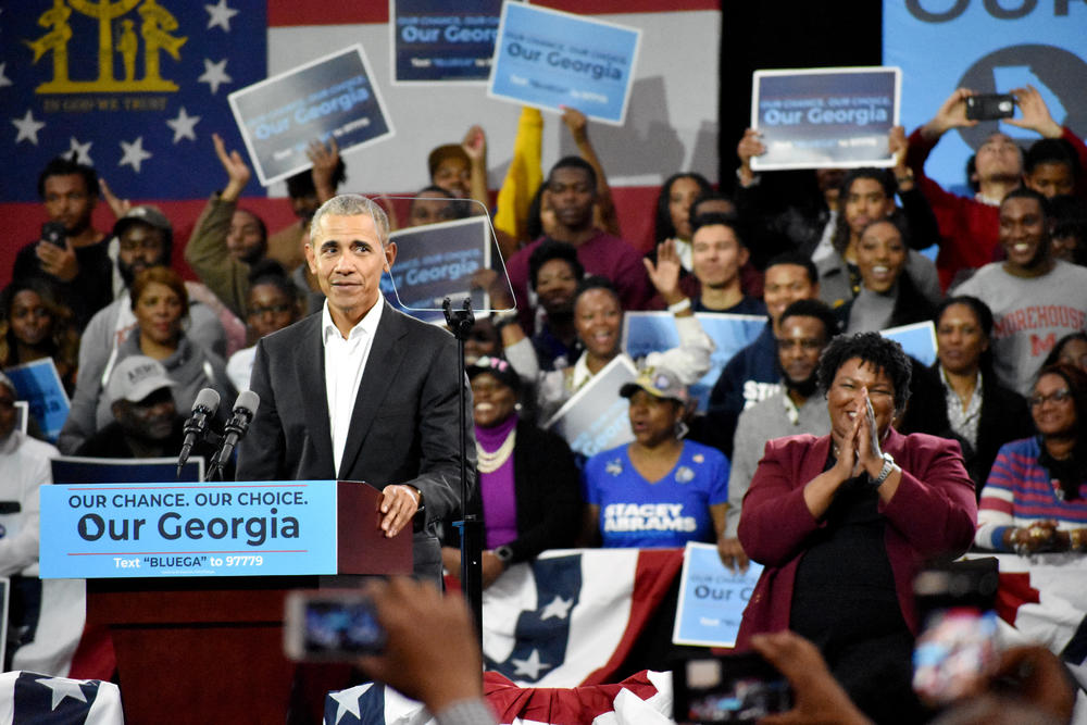 Former President Barack Obama holds a get out the vote rally at Morehouse College in Atlanta Friday, Nov. 2.