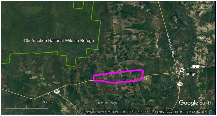 A rendering shows the proposed mine site, in pink, relative to the Okefenokee National Wildlife Refuge.