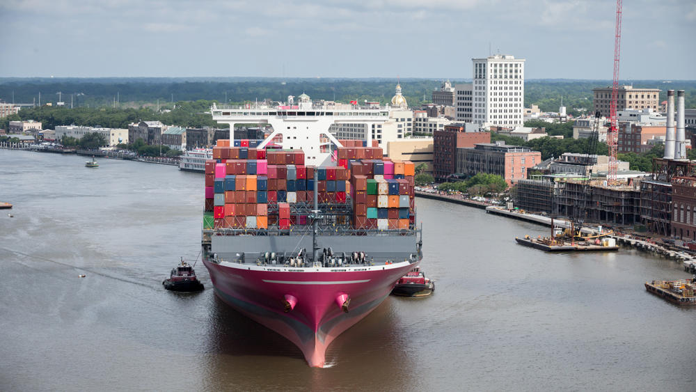 The Ocean Network Express vessel Stork sails up river past historic downtown Savannah on its maiden voyage to the Port of Savannah. The ship holds 14,000 TEU and can only access Savannah because of the harbor expansion.