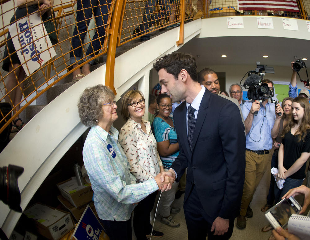 Democratic candidate for Georgia's Sixth Congressional seat Jon Ossoff greets supporters at a campaign field office Tuesday, April 18, 2017, in Marietta.