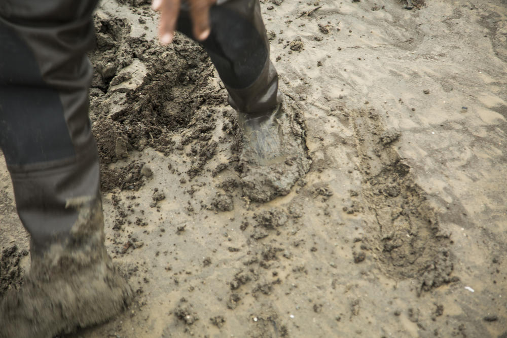 Thigh high rubber boots are a key tool of the oyster farming trade in the muddy tidal marshes of Georgia. 