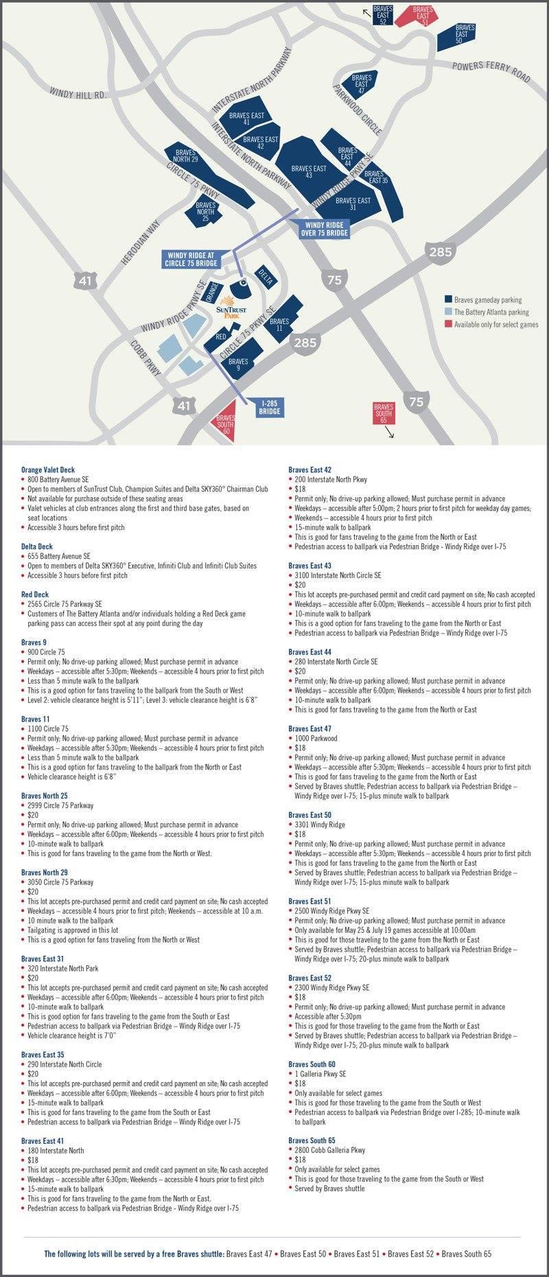 A list of parking lots scattered around the area outside SunTrust Park