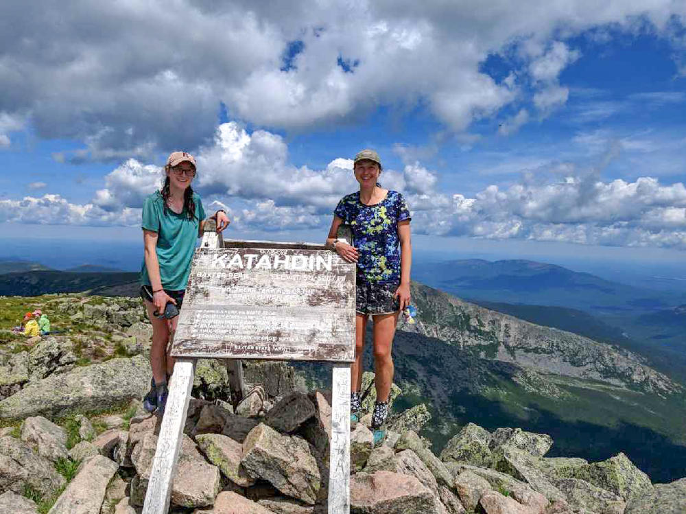 Mary Szatkowski (left) and Kristen Glennie at the summit of Mount Katahdin in Maine's Baxter State Park, the northern terminus of the Appalachian Trail. The women completed their hike on July 4.