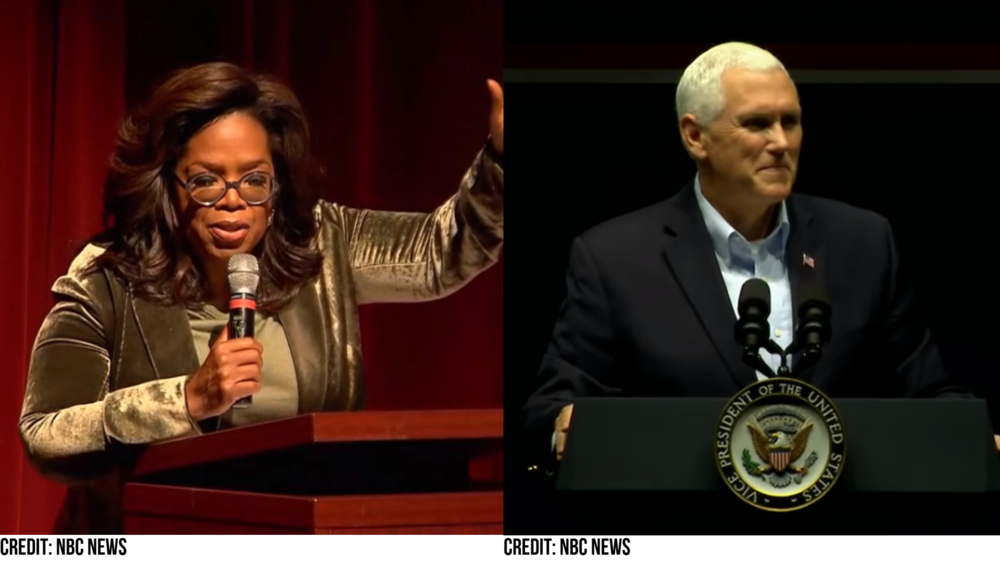 Oprah Winfrey (left) joins Stacey Abrams at a campaign rally in Decatur, while Vice President Mike Pence joins Brian Kemp at a rally in Savannah, November 1, 2018.
