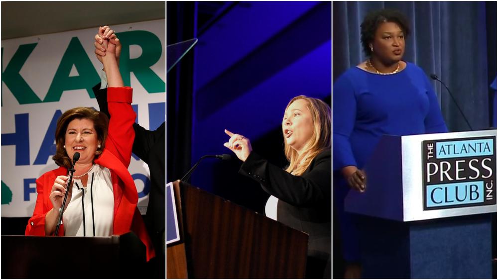 From left: incumbent U.S. Rep. Karen Handel, candidate for lieutenant governor, Sarah Riggs Amico, candidate for governor Stacey Abrams. 