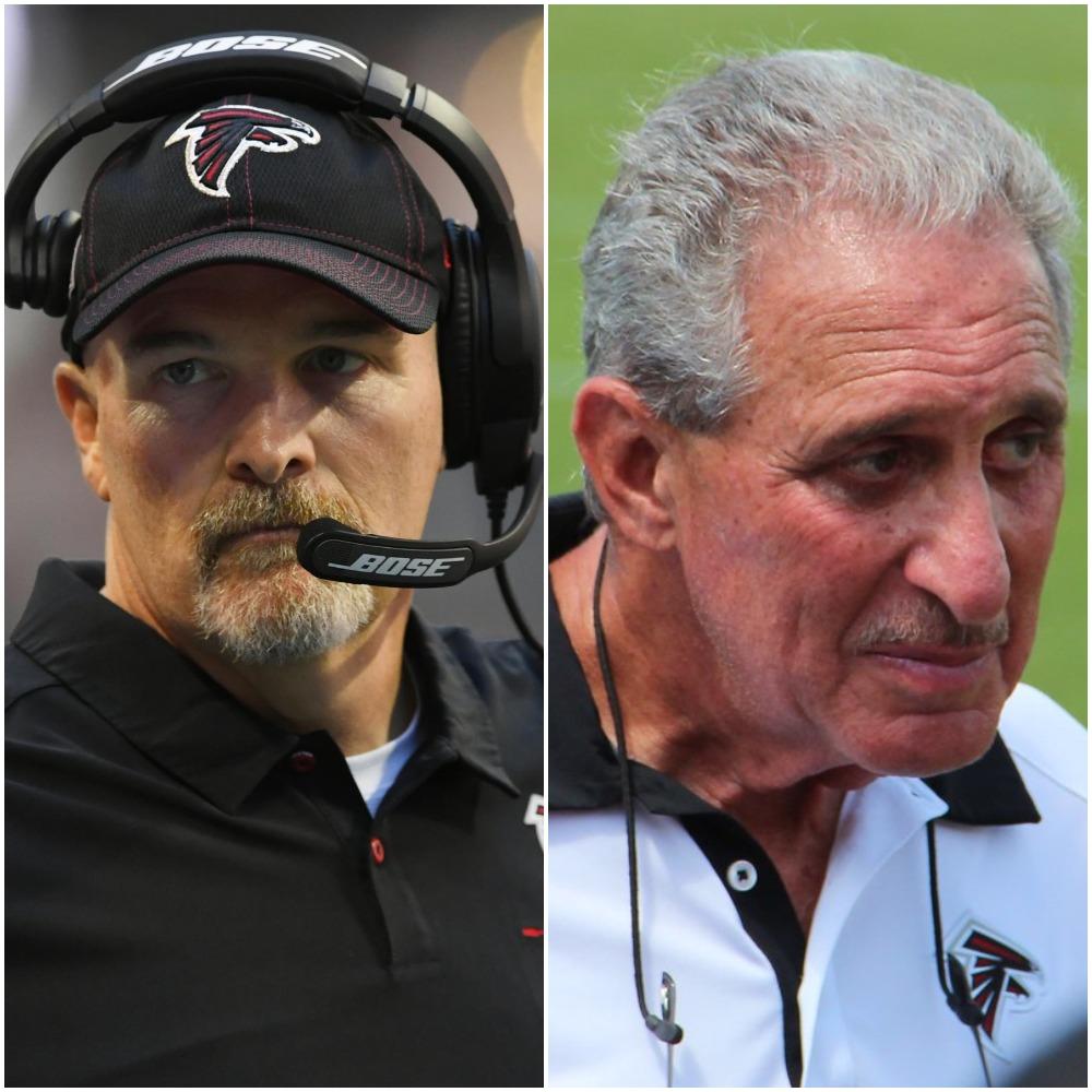 Atlanta Falcons head coach Dan Quinn (left) is on the hot-seat after a 1-7 start. Team owner Arthur Blank (right) will ultimately make the decision on a potential coaching change.