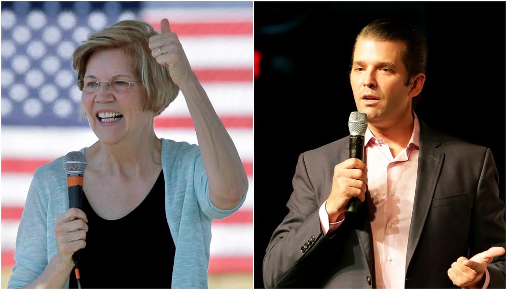 Left: Sen. Elizabeth Warren, D-Mass., during a town hall event, in Natick, Mass. Right: Donald Trump Jr. speaks at a rally in Orlando, Fla. 