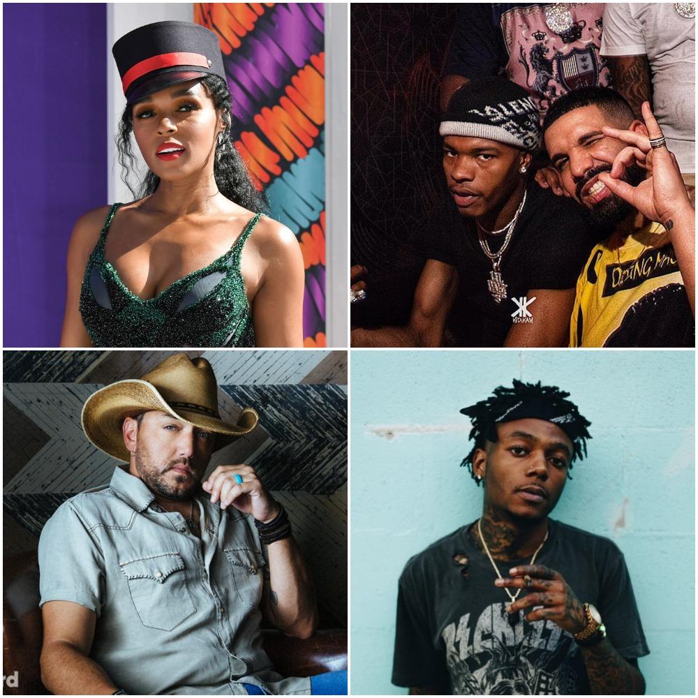 (left to right, top to bottom) Janelle Monae, Lil Baby [w/ Drake], Jason Aldean, and J.I.D