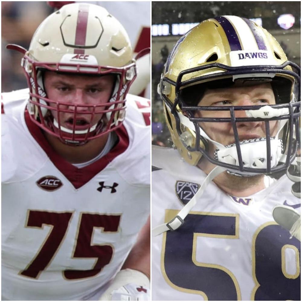 The Falcons selected Chris Lindstrom (left) from Boston College with the 14th pick before choosing University of Washington lineman Kaleb McGary (right) with the 31st pick. 