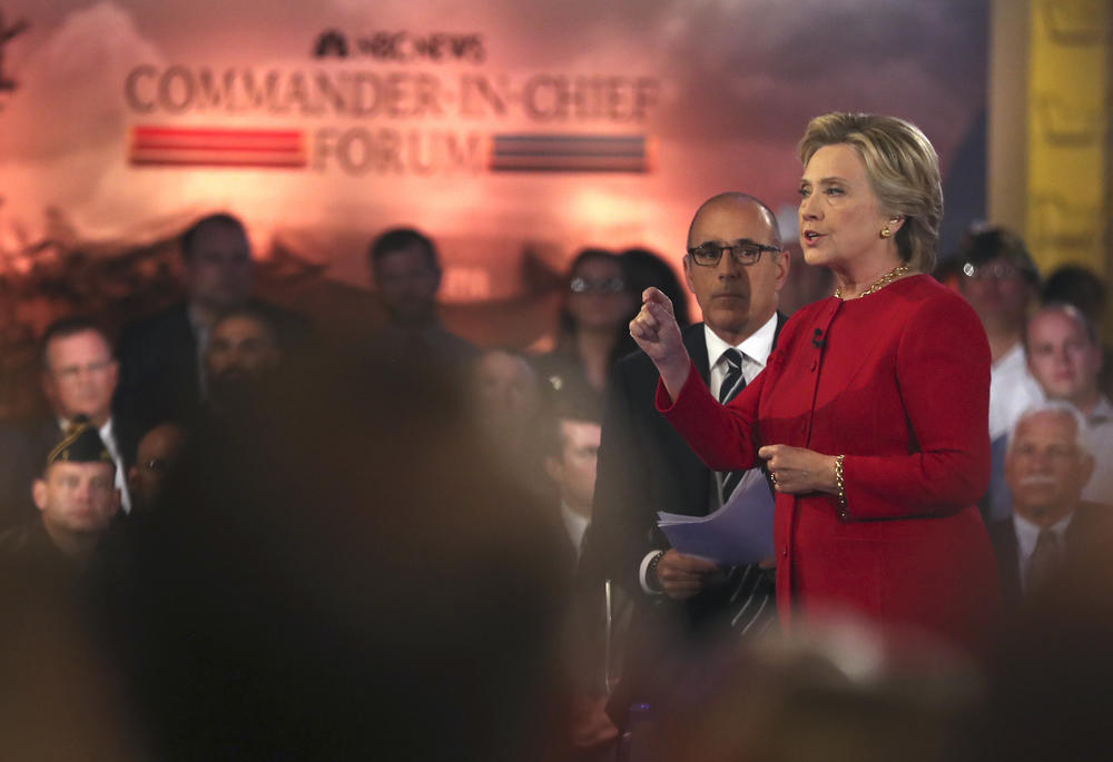 Democratic presidential candidate Hillary Clinton speaks during a "commander in chief forum" hosted by NBC in New York on Wednesday, Sept. 7, 2016.