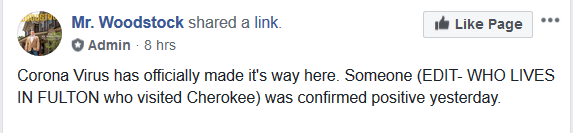 A screenshot taken about 4 p.m. of a Facebook post shared to a public group for Woodstock residents. The post had been edited after originally saying a Cherokee County student tested positive for COVID-19.