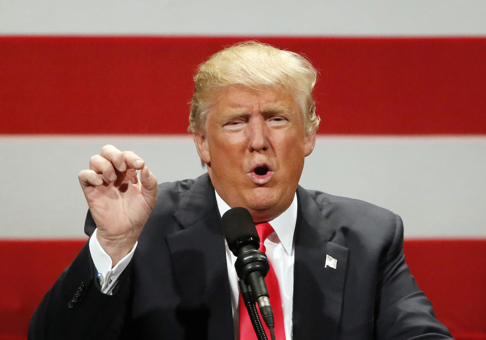 Republican presidential candidate Donald Trump speaks at a rally at the Milwaukee Theatre Monday, April 4, 2016, in Milwaukee.
