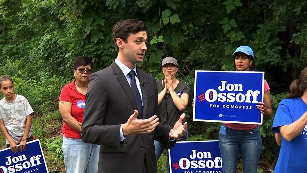 Democrat Jon Ossoff addresses supporters outside of the East Roswell Library in Roswell, Ga., Tuesday, May 30, 2017.