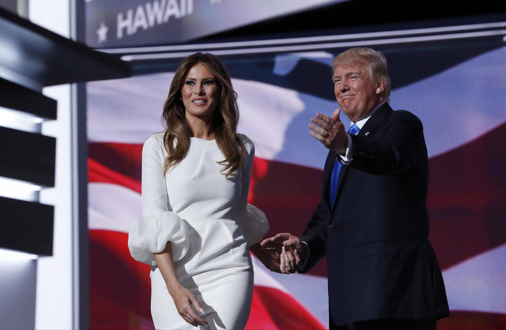 Melania Trump, wife of Republican Presidential Candidate Donald Trump walks to the stage as Donald Trump introduces her during the opening day of the Republican National Convention in Cleveland, Monday, July 18, 2016.