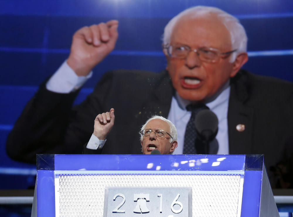 Former Democratic Presidential candidate, Sen. Bernie Sanders, I-Vt., speaks during the first day of the Democratic National Convention in Philadelphia , Monday, July 25, 2016.