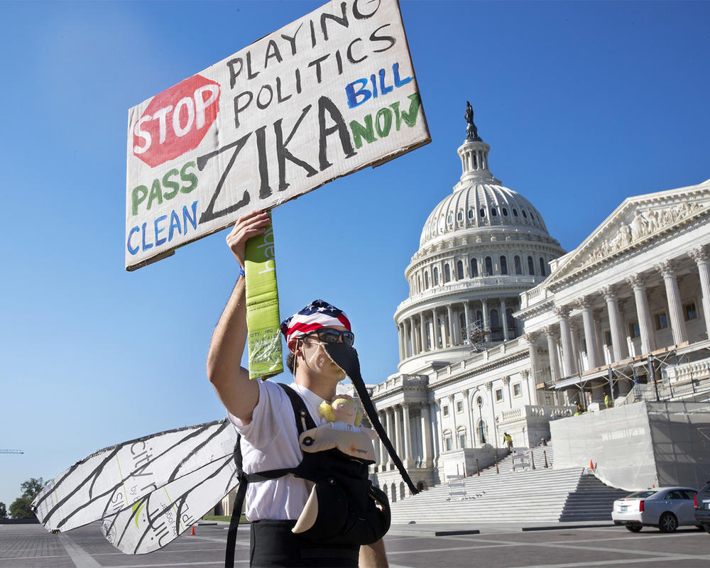 Wearing a homemade mosquito costume, an expectant father from Washington who asked not to be named, protests the lack of Congressional approval to fund a federal response to the Zika virus, Wednesday, Sept. 14, 2016, on Capitol Hill in Washington. 