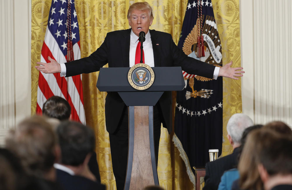 President Donald Trump speaks during a news conference in the East Room of the White House in Washington, Thursday, Feb. 16, 2017.