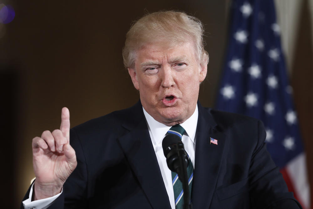 President Donald Trump speaks during a joint news conference with German Chancellor Angela Merkel in the East Room of the White House in Washington, Friday, March 17, 2017. 