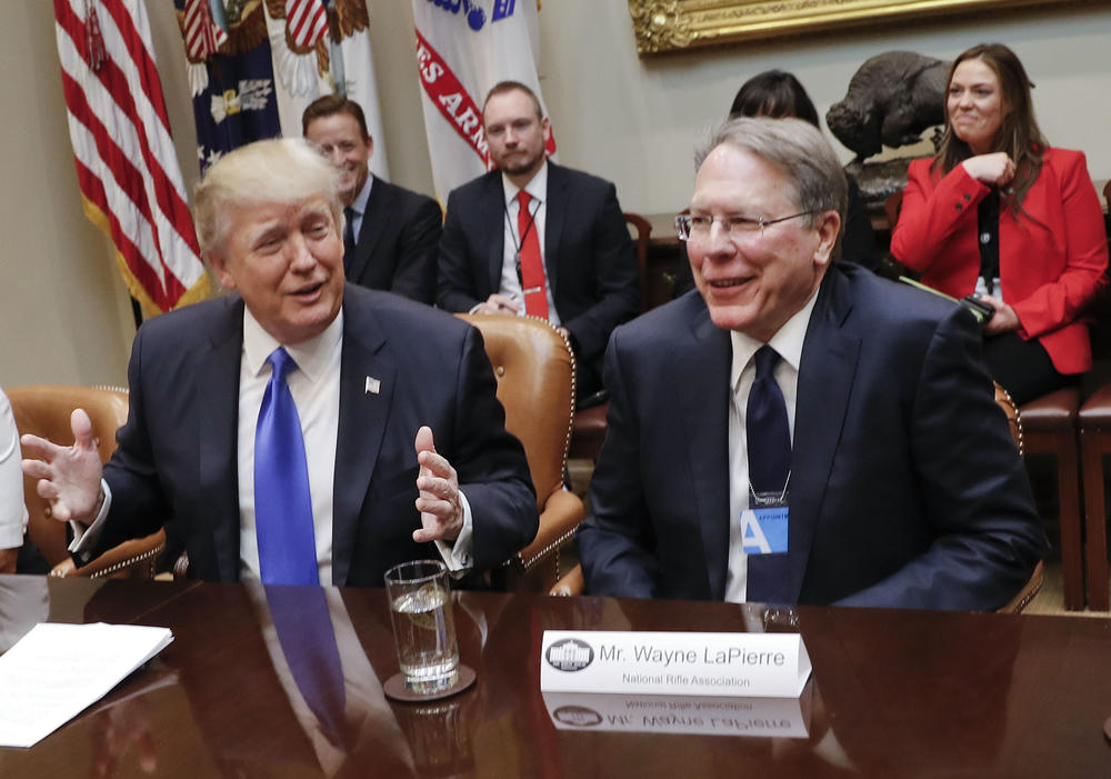 President Donald Trump speaks during a meeting in the Roosevelt Room of the White House in Washington, Wednesday, Feb. 1, 2017. On the right is National Rifle Associations (NRA) Executive Vice President and Chief Executive Officer Wayne LaPierre. 