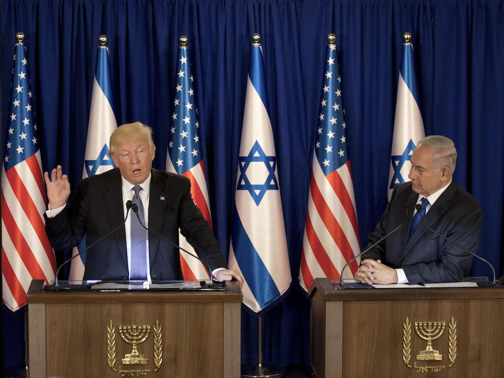 US President Donald Trump talks during a briefing after his meeting with Israeli Prime Minister Benjamin Netanyahu, right, in Jerusalem, Monday, May 22, 2017. 