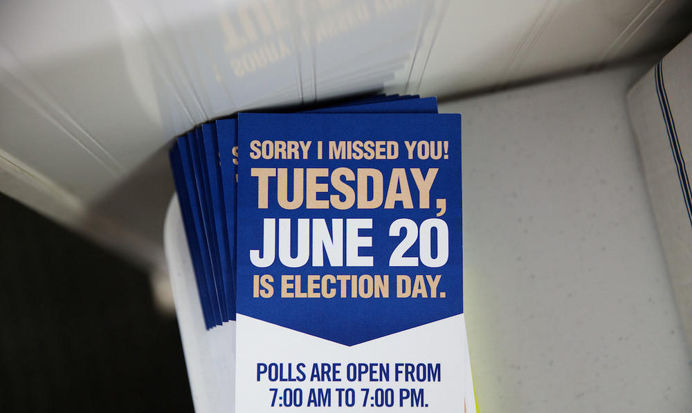 Pamphlets sit outside the campaign office of Jon Ossoff, Democratic candidate for Georgia's 6th congressional district in Chamblee, Ga., Monday, June 19, 2017.