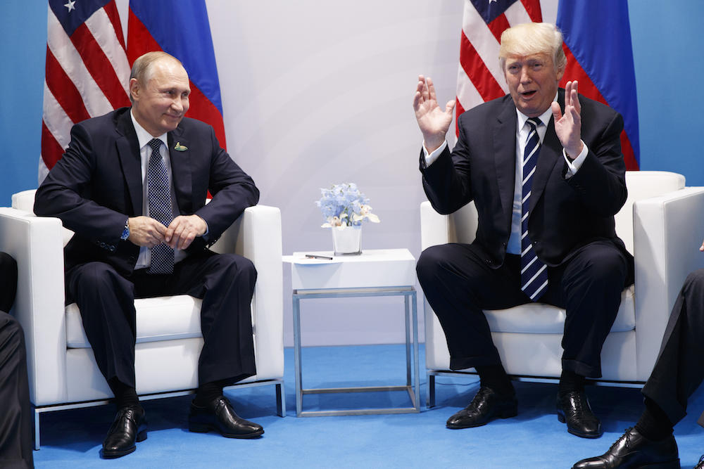 President Donald Trump speaks during a meeting with Russian President Vladimir Putin at the G20 Summit, Friday, July 7, 2017, in Hamburg.