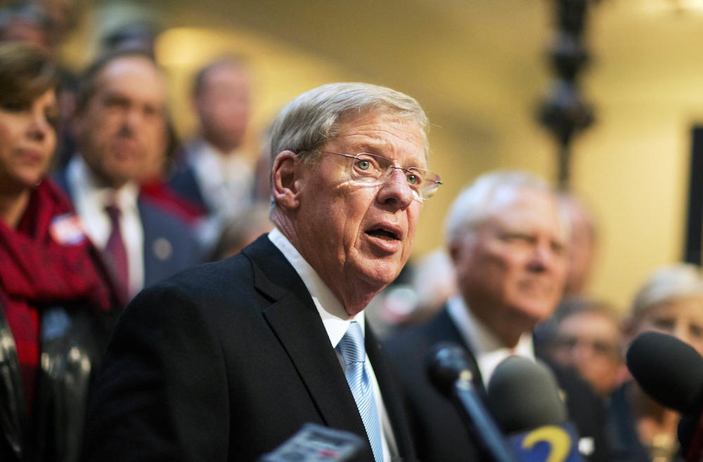 In this Nov. 17, 2014 file photo, Sen. Johnny Isakson, R-Ga., speaks at the state Capitol in Atlanta. Recent public polls show Isakson has a lead on Democrats' first-time candidate Jim Barksdale.