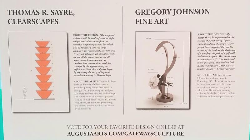 Artist Gregory Johnson proposed a 17 foot tall curved stainless steel structure with representations of Augusta's iconic azaleas at its base.