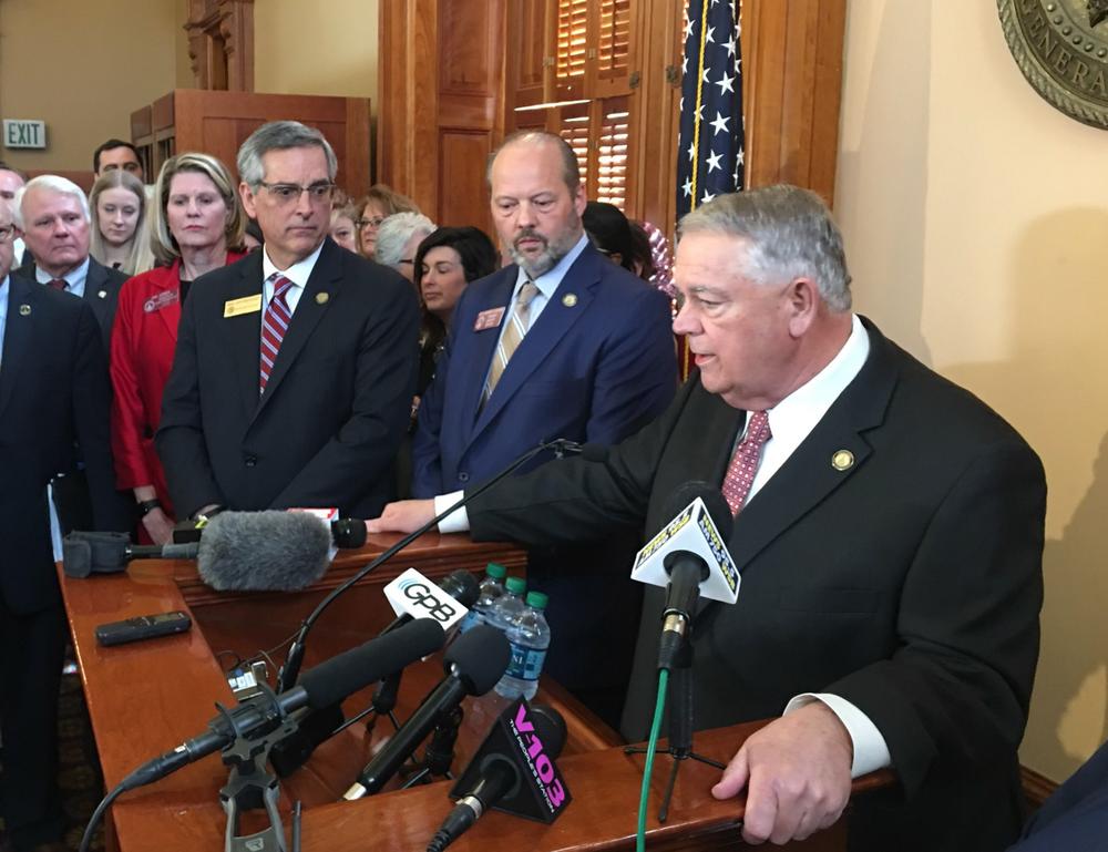 Secretary of State Brad Raffensperger and Rep. Barry Fleming (R-Harlem) look on as House Speaker David Ralston (R-Blue Ridge) answers questions about HB 316, a bill that would overhaul Georgia's election system.