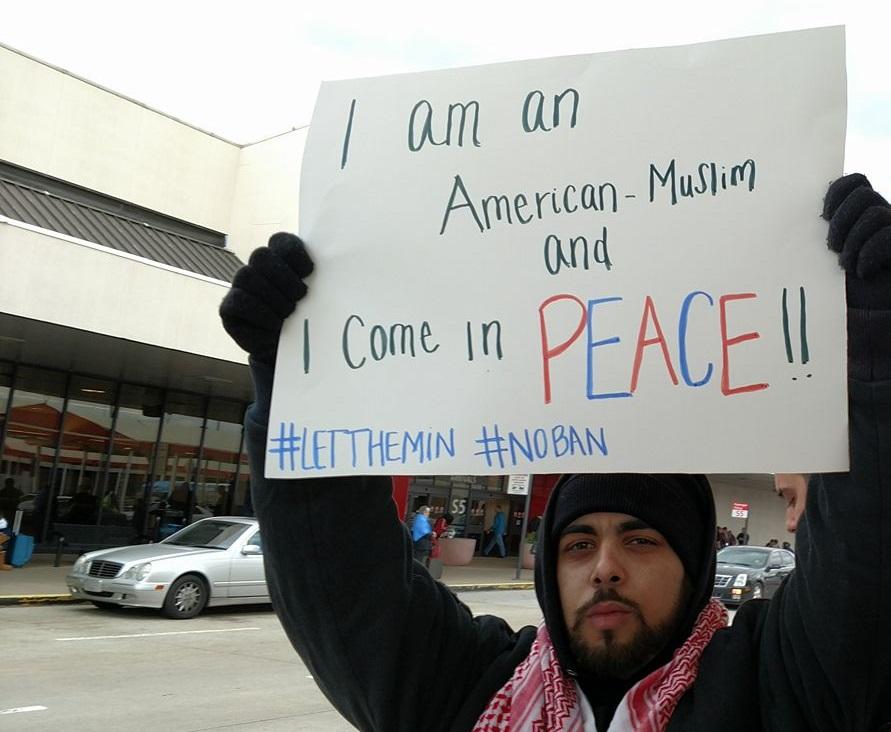 Sam Aljundi, 25, of Atlanta joined demonstrators on Sunday, Jan. 30, 2017 at Hartsfield-Jackson International Airport. They were protesting President Trump's executive orders concerning immigrants and refugees.