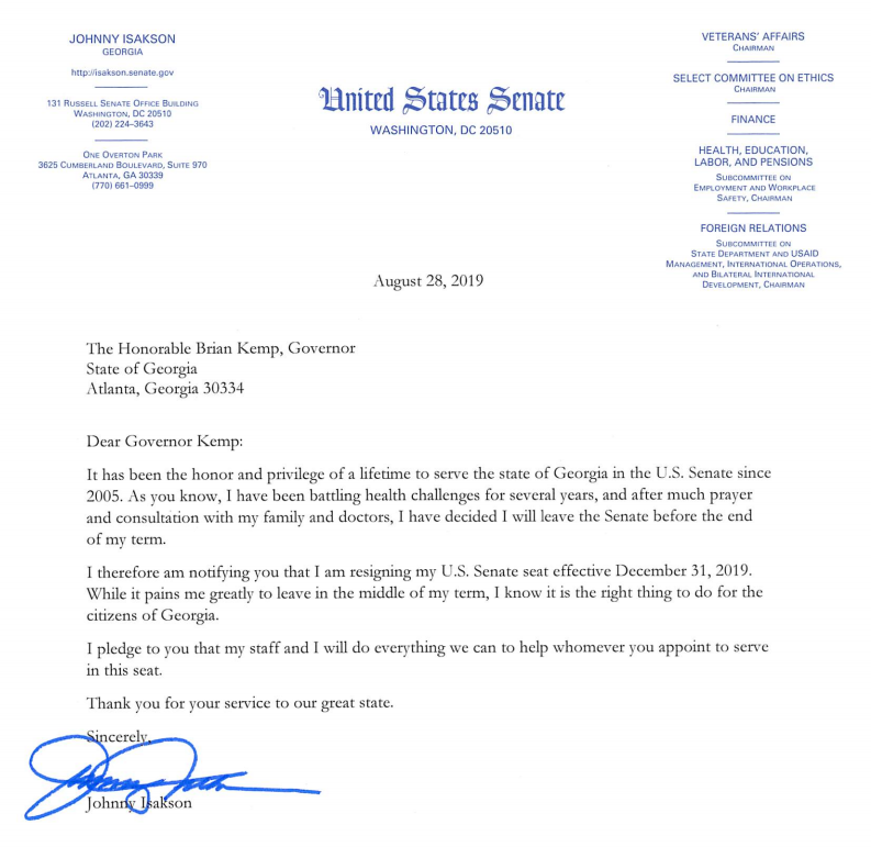 Sen. Johnny Isakson's letter of resignation sent to Gov. Brian Kemp on Aug. 28, 2019.
