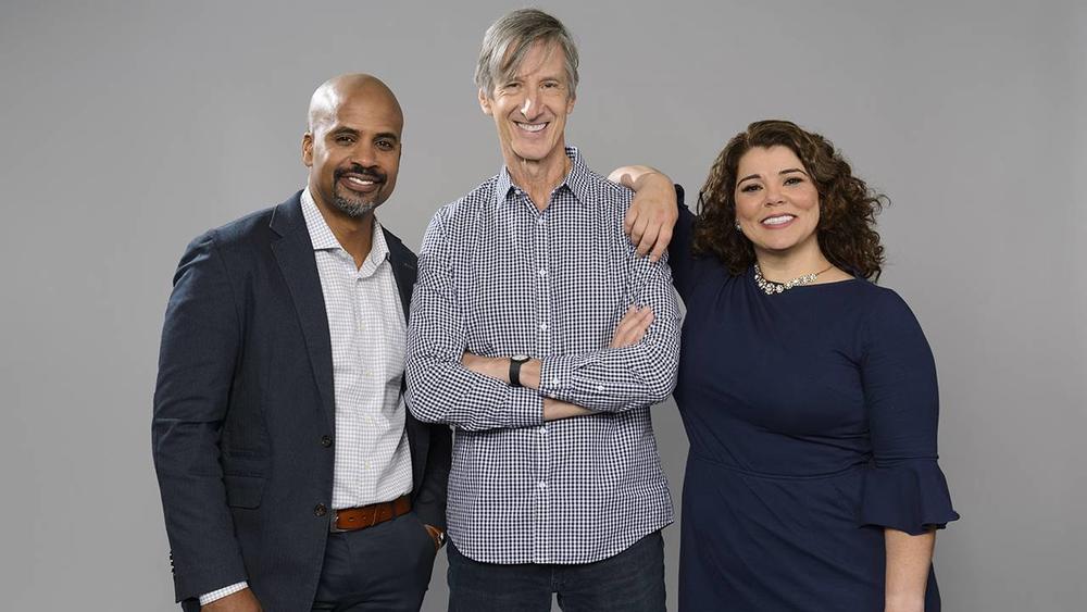 Host Masud Olufani, Contributor Andy Borowitz and Host Celeste Headlee