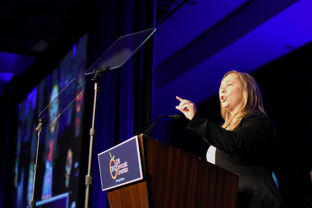 Sarah Riggs Amico delivers remarks at the Democratic Party of Georgia's 2018 state convention in Atlanta.