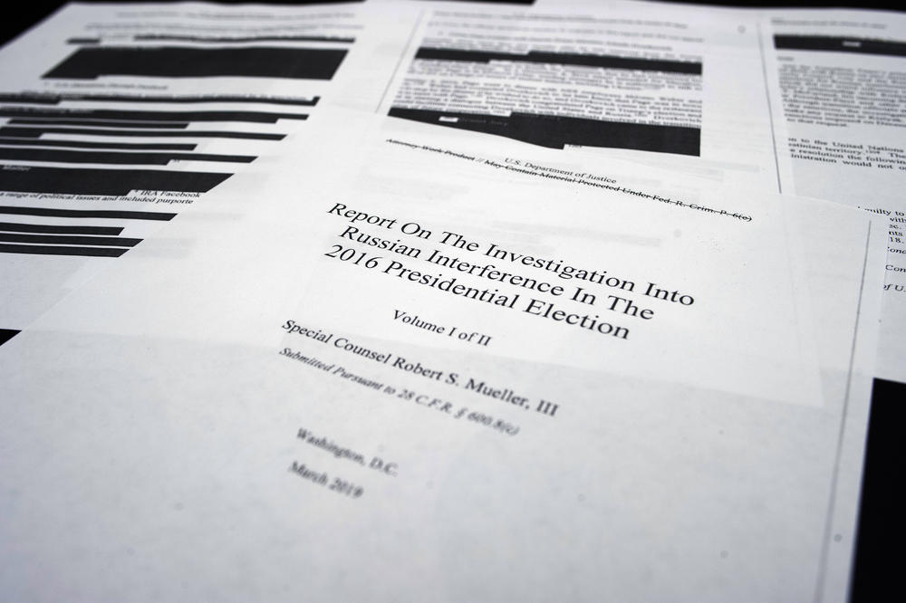 Four pages of special counsel Robert Mueller report on the witness table in the House Intelligence Committee hearing room on Capitol Hill, in Washington, Thursday, April 18, 2019.