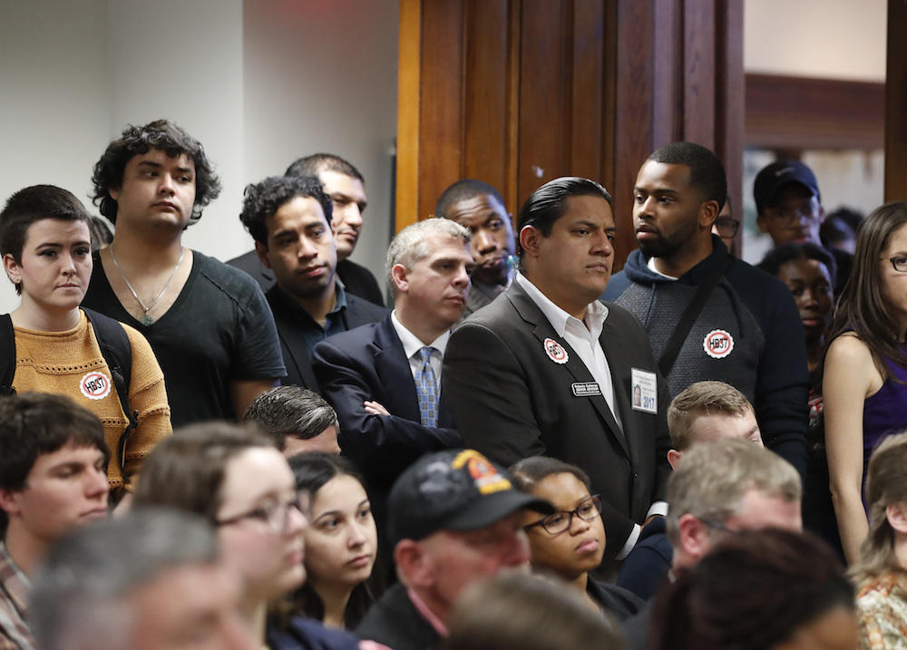 A crowd gathers to hear discussion about HB 37 during a meeting of the House Committee on Higher Education Feb. 1, 2017, in Atlanta. Under the bill private colleges that don't cooperate with federal immigration authorities would lose state funding.