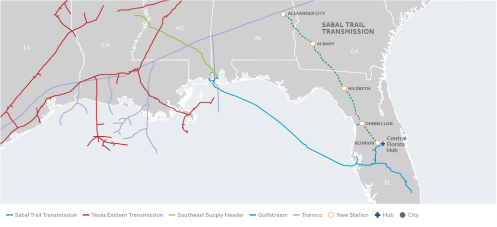 The path the Sabal Trail pipeline will trace though southwest Georgia as it makes makes its way from Alabama to deliver gas to customers in Florida.