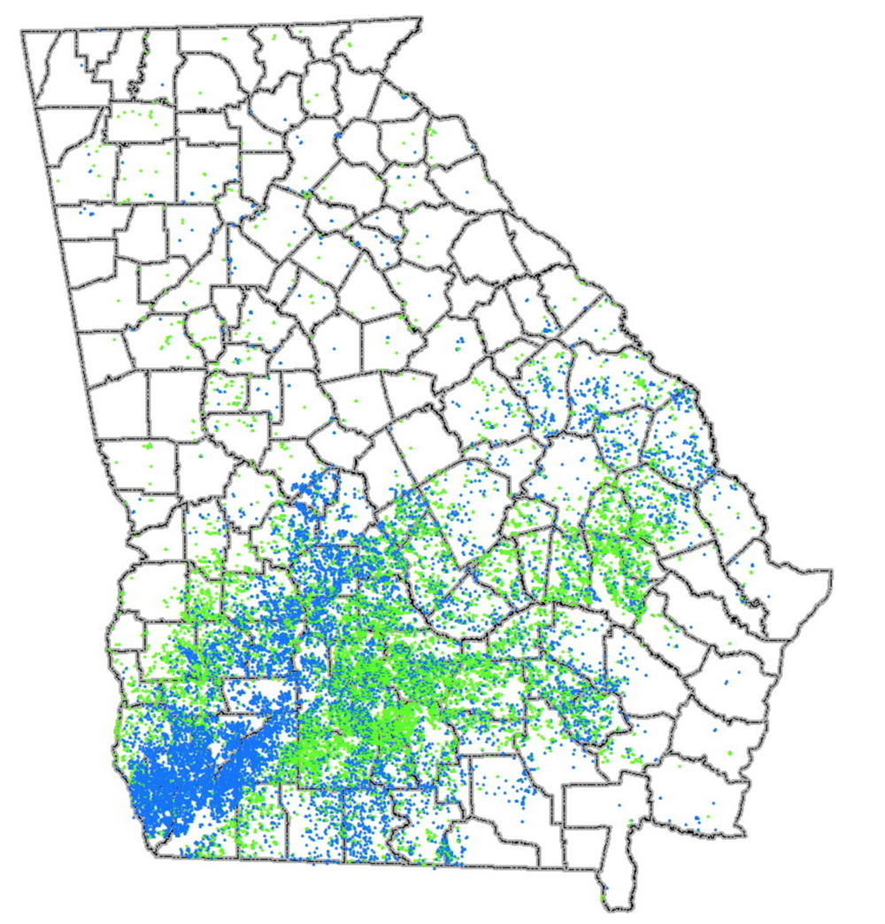 Locations of agricultural water withdrawal permits and applications for groundwater (blue) and surface water (green) as of fall 2008.