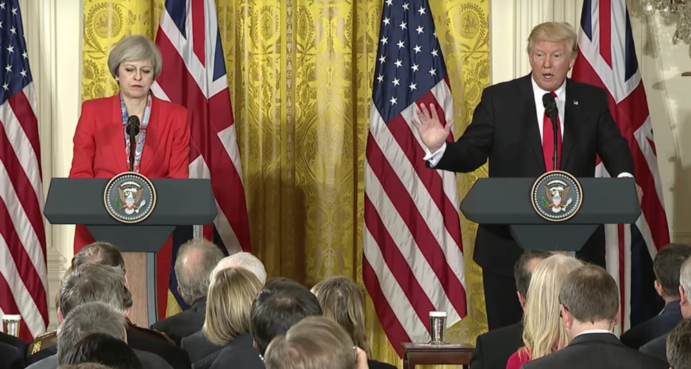 President Donald Trump speaks during a news conference with British Prime Minister Theresa May in the East Room of the White House in Washington, Friday, Jan. 27, 2017.