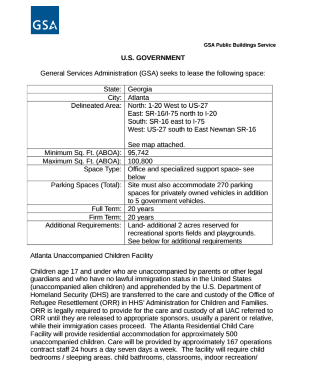 The request for bids for an Atlanta area HHS shelter for unaccompanied migrant children, 