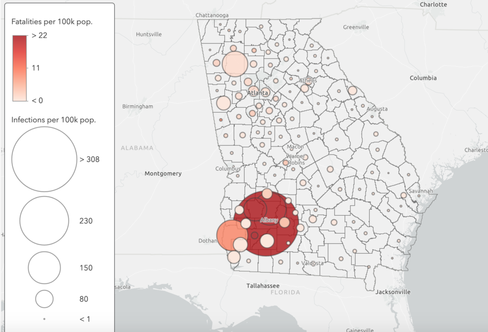Coronavirus infections and fatalities across Georgia counties, per 100,000 in population. March 29, 2020. Data:Georgia DPH and U.S. Census Bureau