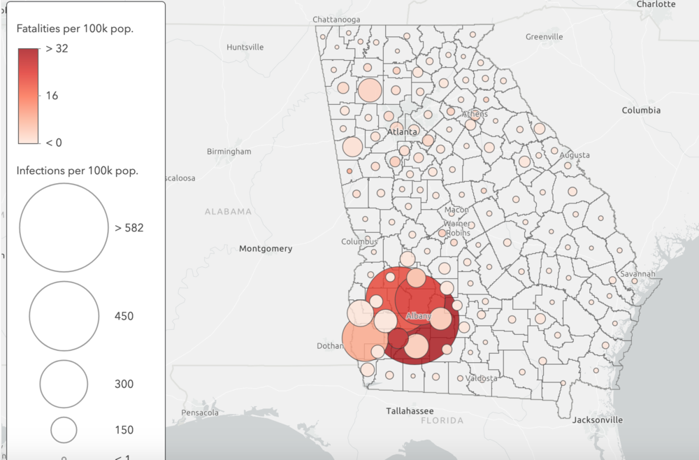 March 31, 2020 data of per capita coronavirus infections and Covid-19 deaths across Georgia. DATA: Georgia DPH and the U.S. Census Bureau