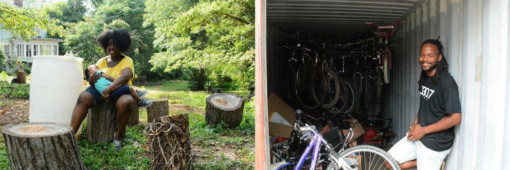 (Left) Abiodun Henderson and her son in the Westview Community Garden. (Right) Sean Walton and the shipping container he wants to turn into a mobile youth engagement center.