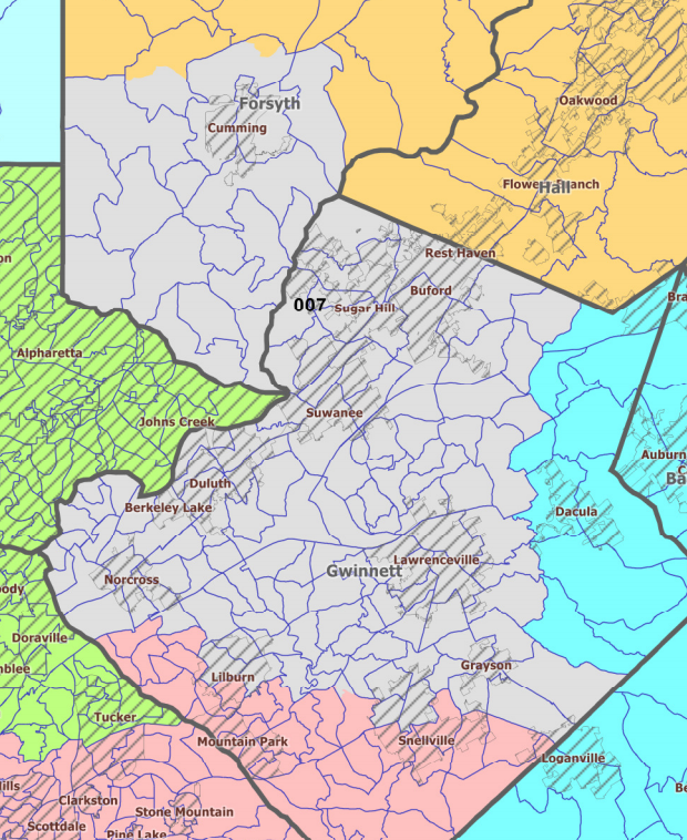 Georgia's 7th Congressional district (light purple) encompasses large sections of Forsyth and Gwinnett counties. Incumbent Rob Woodall will not contest the seat in 2020, leaving the race wide open between Democrats and Republicans. 