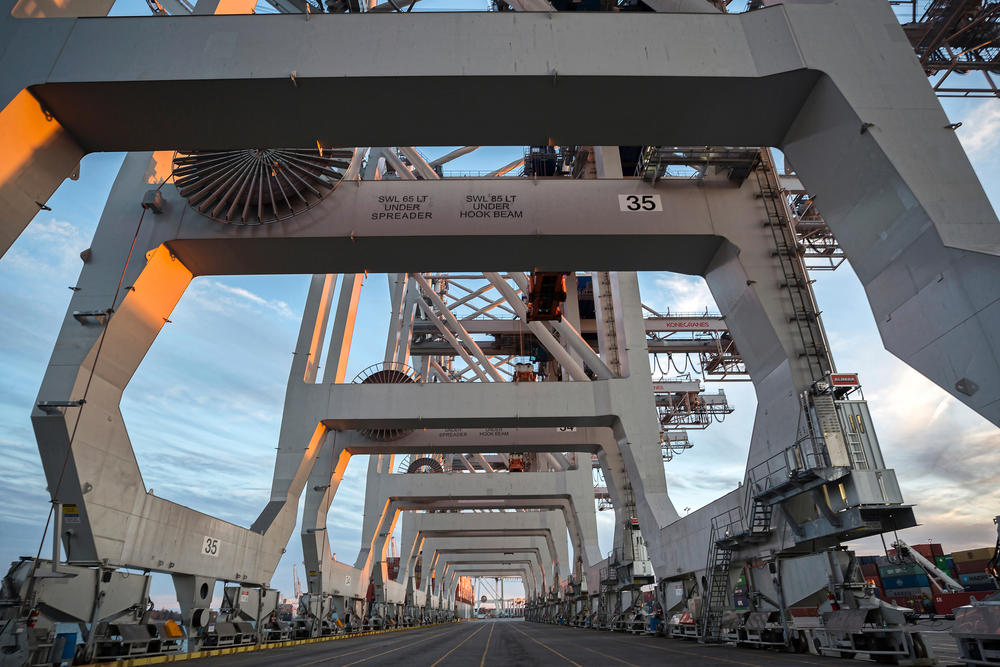 Ship-to-Shore cranes are lined up along the dock at the Georgia Ports Authority Garden City Terminal near Savannah, Ga.