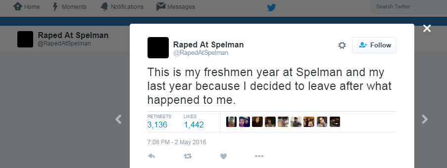 Screenshot of @RapedAtSpelman Twitter account