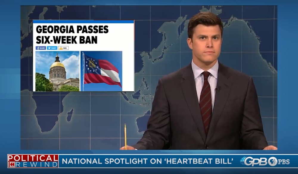 Comedian Colin Jost of NBC's Saturday Night Live opens a segment with a joke referrencing Georgia's new anti-abortion law.