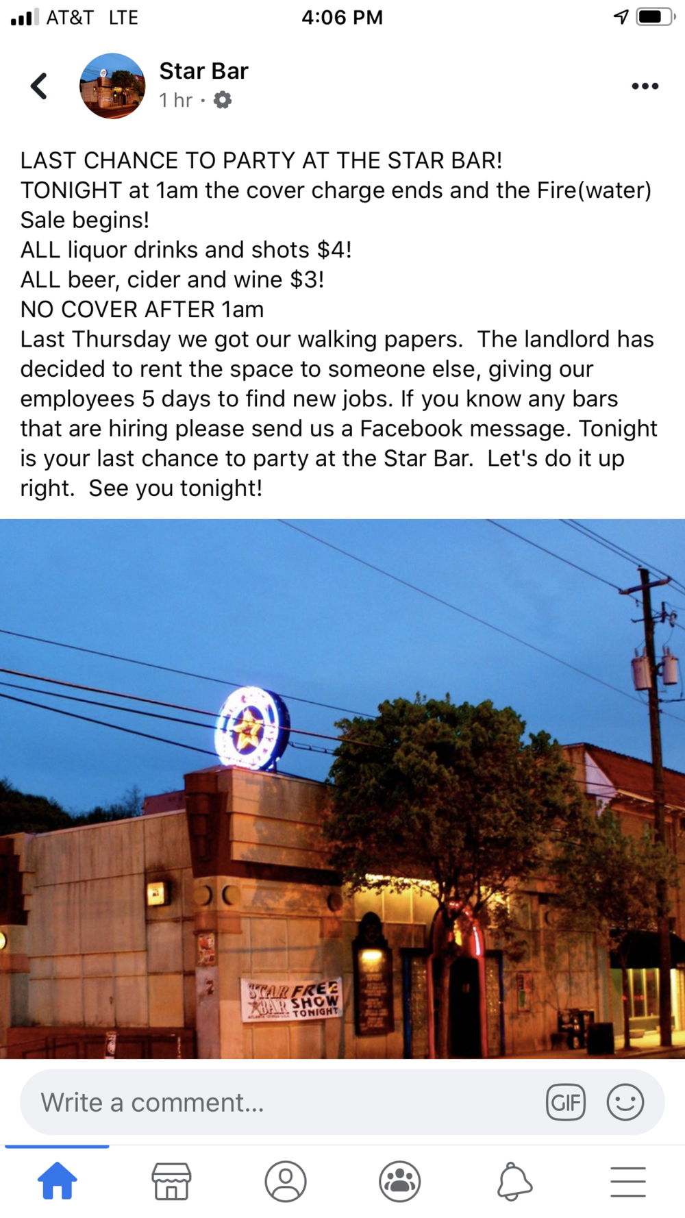 A screenshot of the now-deleted Facebook post announcing Star Bar's closing New Year's Eve. Owner Kahle Davis has not responded to requests for comment.