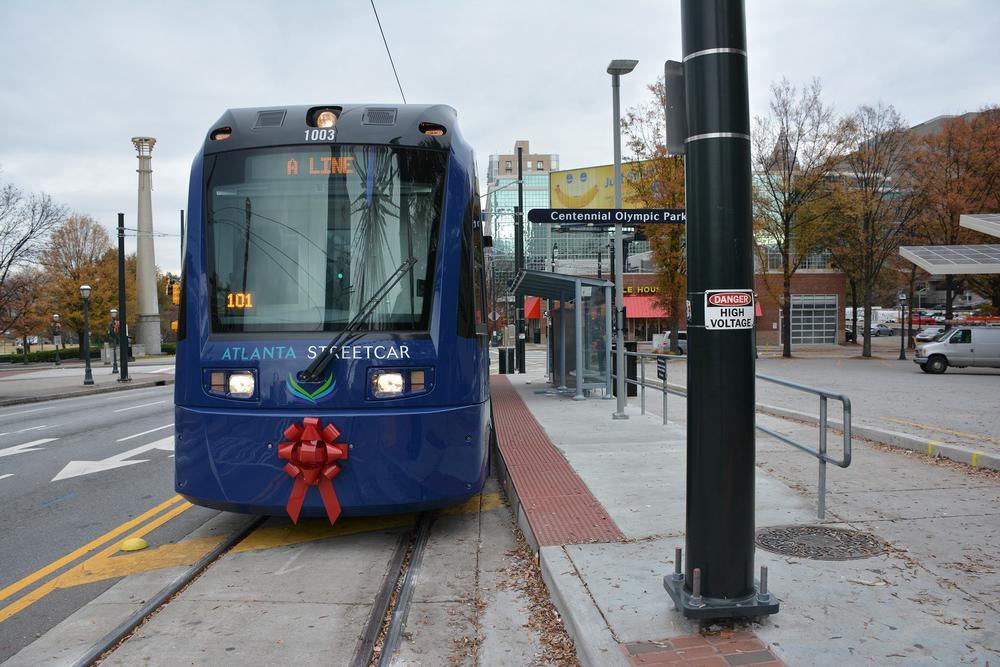 The Atlanta Streetcar waiting at the Centennial Olympic Park stop for passengers to board. 